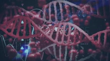 DNA iplikleri ve virüs parçacıkları dijital bilimsel animasyon ile iç içe geçiyor. Biyoteknoloji, genetik, mikrobiyoloji, viroloji, moleküler, araştırma