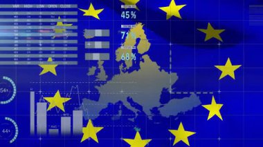 Avrupa Birliği yıldızları, Avrupa haritası veri grafikleri ve animasyonlarla örtüşüyor. analitik, istatistik, görselleştirme, finans, ekonomi