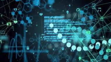 Geometrik şekilli dijital ağın animasyonu veri elementlerini işliyor. Teknoloji, fütürist, siber, soyut, bağlantı, yapay zeka