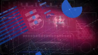 Kırmızı dijital veri arka planında dünya haritası olan mavi geometrik şekillerin animasyonu. Soyut, teknoloji, fütüristik, ağ, küresel, dijital dönüşüm
