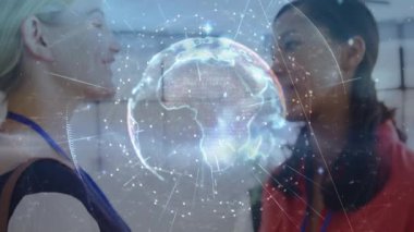 Modern ofis ortamında tartışan iki kişinin dijital dünya animasyonu. Teknoloji, yenilik, şirket, takım çalışması, tartışma, işbirliği