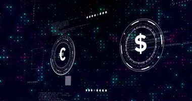 Dijital veri işleme animasyonlu Avrupa ve Dolar para birimi sembolleri. Finans, ekonomi, ticaret, takas, bankacılık, yatırım