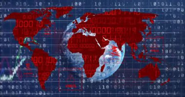 Dijital güvenlik uyarıları ve dünya haritasını kaplayan ikili kod animasyonu. Siber güvenlik, hackleme, veri, küresel, koruma, şifreleme