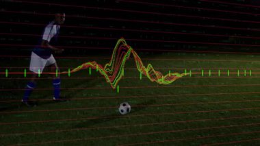 Veri grafik animasyonu eşleşmesi olan futbolcu topa vurmaya hazırlanıyor. Spor, atlet, teknoloji, analiz, performans, dijital