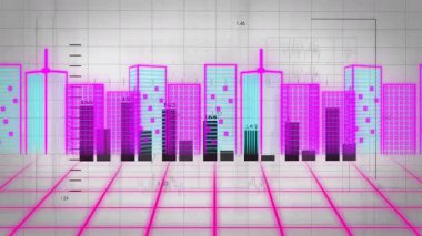 Neon pembe ve mavi kaplamalı çubuk grafikler ve veri tabloları oluşturuluyor. infographic, digital, technology, futuristic