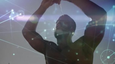 Açık havada duş alan, dijital ağ bağlantıları olan bir adam animasyonu görünür kılıyor. Teknoloji, fütürist, bağlantı, yenilik, sanal, iletişim