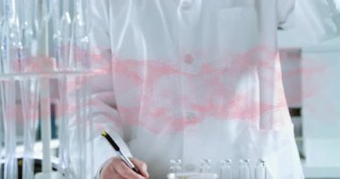 Kırmızı moleküler yapı animasyonu üzerinde çalışan laboratuvar önlüklü bilim adamı. Bilim, laboratuvar, araştırma, teknoloji, yenilik, deney