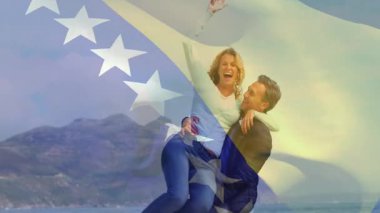 Gülümseyen bir çift Bosna-Hersek bayrak animasyonunun tadını çıkarıyor. seyahat, bayraklar, neşeli, ilişki, birlik, mutluluk
