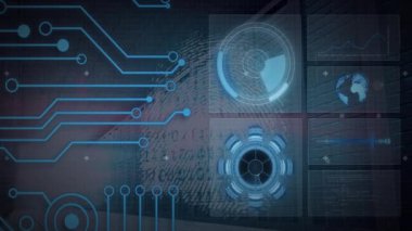 Devre kalıpları ve veri işleme grafikleriyle dijital arayüzün animasyonu. Teknoloji, yapay zeka, yenilik, gelecekçi, elektronik