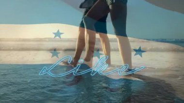 Sahilde yürümek, ayaklar yazı ve bayrak animasyonu gibi. Tatil, yaz, seyahat, rahatlama, tatil, kıyı şeridi.