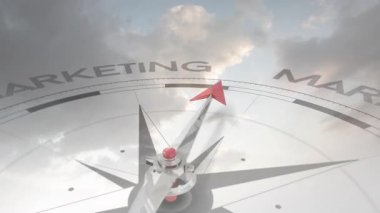 Pusula iğnesi cam yüzeyine yansıyan animasyonla MARKETING 'i gösteriyor. Yönetmen, navigasyon, rehberlik, iş, strateji, yenilik