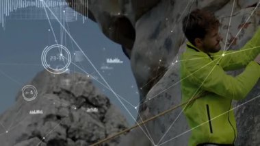 Tırmanan uçurum, yeşil ceketli kaya tırmanışçısı ve ağ bağlantılarının animasyonu. Macera, tırmanma, teknoloji, açık hava, meydan okuma, spor