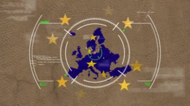 Avrupa Birliği yıldızlarının animasyonu Avrupa haritasını dijital elementlerle çevreler. Birlik, teknoloji, dijitalleştirme, yenilik, bağlantı, fütüristik