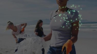 Sahil temizleme, parlayan yeşil animasyonu olan bir kadın, çevresel eylemleri teşvik ediyor. Koruma, sürdürülebilirlik, aktivizm, kirlilik, temizlik, çevre dostu