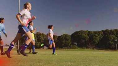 Sahada futbol antrenmanı, parlak kırmızı mercekli mavi şortlu oyuncular. Spor, takım çalışması, rekabet, eğitim, egzersiz, açık hava