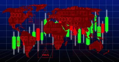 Okul ortamında virüs uyarıları ve finansal verilerle dünya haritasının animasyonu. Küreselleşme, salgın hastalık, ekonomi, eğitim, analitik, istatistik