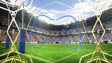 Stadyum sahnesinde geometrik çerçeve kaplamalı oyun kontrol ikonu animasyonu. Oyun, teknoloji, dijital, konsol, eğlence, elektronik