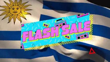 Uruguay bayrak animasyonu üzerine retro grafik kaplamalı Flash Sale metni. Promosyon, indirim, pazarlama, alışveriş, vintage, animasyon