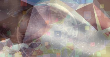 Arkaplanı bulanık dijital simgelerle kaplı küre görüntüsü. küresel bağlantılar, dijital arayüz ve teknoloji konsepti dijital olarak oluşturulmuş görüntü.