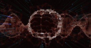 DNA iplikçiklerinin dönmesi ve dijital beyin modelinin siyah arka planda oluşu. Bilim, ışık ve renk kavramı dijital olarak oluşturulmuş görüntü.