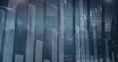 İş şehirleri üzerinden finansal veri işleme resmi. küresel iş, bağlantılar ve veri işleme kavramı dijital olarak oluşturulmuş görüntü.