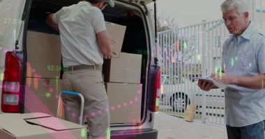 Kamyonetinde posta kutularını istifleyen Kafkas kurye hakkında istatistiksel veri işleme. lojistik ve ulaşım sektörü kavramı