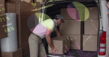 Teslimatçı üzerinden istatistik ve finansal veri işleme görüntüsü. küresel gönderim, dağıtım, iş, veri işleme ve teknoloji konsepti dijital olarak oluşturuldu.