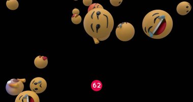 Yuvarlak kırmızı pankarttaki sayılar siyah arkaplanda yüzen birçok yüz emojisi üzerinde artıyor. Sosyal medya ağı ve teknoloji kavramı