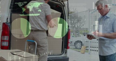 Teslimatçı ve minibüsün istatistik ve mali veri işleme görüntüsü. küresel gönderim, dağıtım, iş, veri işleme ve teknoloji konsepti dijital olarak oluşturuldu.