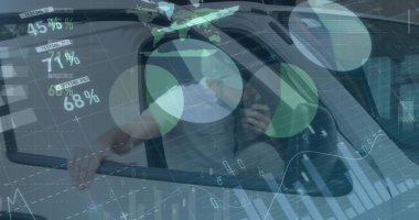 Teslimatçı üzerinden istatistik ve finansal veri işleme görüntüsü. küresel gönderim, dağıtım, iş, veri işleme ve teknoloji konsepti dijital olarak oluşturuldu.