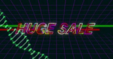 Neon renkleri ve animasyon metni retro ızgara arka planında büyük satışları vurguluyor. Siberpunk, dijital, pazarlama, fütüristik, canlı, promosyon