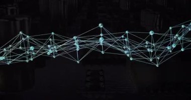 Parlayan düğümler ve bağlantılar karanlık endüstriyel arka planda animasyon yaratıyor. Ağ, bağlantı, fütüristik, dijital, teknoloji, soyut