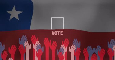 Bayrak animasyonu arka planında VOTE metni olan çeşitli renklerde eller kaldırıldı. Demokrasi, seçim, çeşitlilik, birlik, siyaset, kampanya