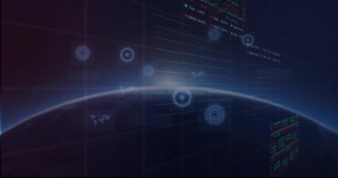 Dünya 'yı kaplayan dijital veri ve grafiklerin animasyonu, küresel bağlantıları gösteriyor. Küreselleşme, ağ, teknoloji, analitik, iletişim, yenilik