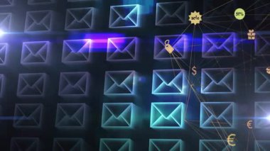 Çevrimiçi işlemleri gösteren dijital zarfların üzerindeki döviz sembolleri. Finans, teknoloji, kripto para birimi, e-ticaret, ödeme, yenilik