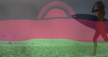 Sahilde renkli soyut güneşle yürüyen sörfçü ve dalga animasyon örtüsü. Sörf, tropikal, okyanus, boş zaman, yaz, canlı