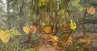 Çift plajda sayılarla dinleniyor ve animasyon örtüsü bırakıyor. Tatil, rahatlama, tropikal, deniz kenarı, dijital, doğa