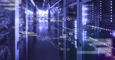 Sunucu odası arka planında bağlantılar ve veri işleme animasyonu ağı. Teknoloji, ağ oluşturma, sunucular, dijital, iletişim, yenilik