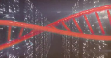 Dijital şehir manzarasıyla iç içe geçmiş DNA iplikçiklerinin animasyonu teknoloji-biyoloji füzyonunu sembolize ediyor. Biyoteknoloji, yenilik, genetik, fütüristik, bütünleşme, bilim