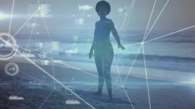 Sahilde yoga pratiği, dijital animasyon ve ağ hatları kesişen çocuk. Sağlık, rahatlama, meditasyon, teknoloji, bağlantı, zindelik