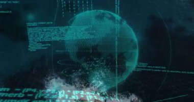 Dijital küre ve ikili kod işleme ile fırtınalı okyanus dalgalarının animasyonu. Teknoloji, siber, ağ, veri, yenilik, fütüristik