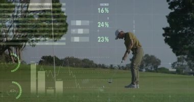 Yeşili takmak, veri analizi ve animasyon örtüsü olan golfçü. spor, teknoloji, performans, görselleştirme, dijital