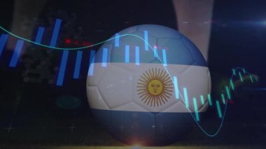 Finansal verileri ve borsa grafiği olan futbol topu animasyonla örtüşüyor. Maliye, yatırım, ticaret, para birimi, ekonomi