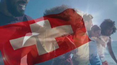 Animasyon, İsviçre bayrağıyla örtüşüyor, arkadaşlar plaj gününde gülümsüyor. Seyahat, arkadaşlık, yaz, rahatlama, neşe, tatil