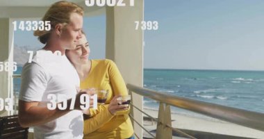 Okyanus manzaralı, yüzen numaralar animasyonlu bir çift. Tatil, tatil, romantizm, seyahat, rahatlama, dijital