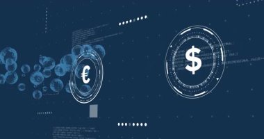Dijital arkaplanda okları olan avro ve dolar sembollerini gösteren animasyon. Para birimi, finans, Forex, ekonomi, ticaret, işlem