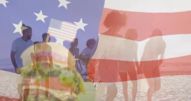 Sahilde, Amerikan bayrağıyla arkadaşlıklar, hamburger sahnesinin animasyonları. dostluk, vatanseverlik, kutlama, yaz, tatil, eğlence