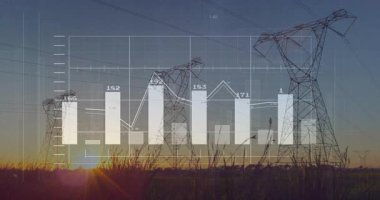 Elektrik hatları üzerinde finansal grafiklerin canlandırılması ve okul projesinde günbatımı. Finans, teknoloji, enerji, analitik, yatırım, elektrik