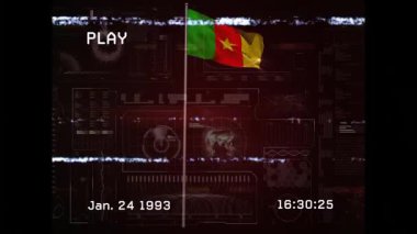 Arızalı animasyonun üzerinde tarih ve saat gösterimiyle Kamerun bayrağı sallıyor. Vatanseverlik, ulusal bayrak, dijital, teknoloji, kutlama, grafikler