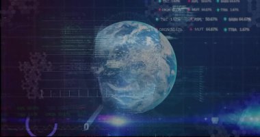 Okulda insan kafası siluetini kaplayan verilerle dijital dünyanın animasyonu. Teknoloji, yapay zeka, yenilik, küresel, gelecekçi, bilgi